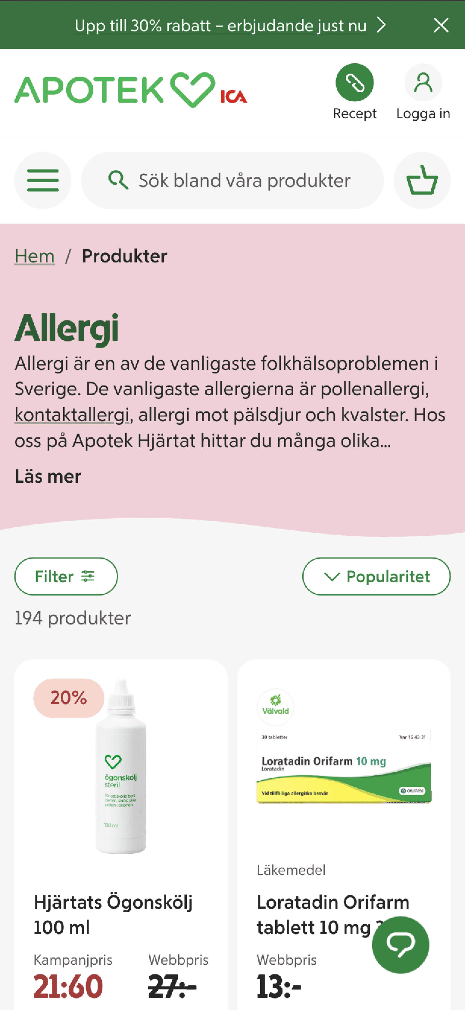 Apotek ICA allergy products page