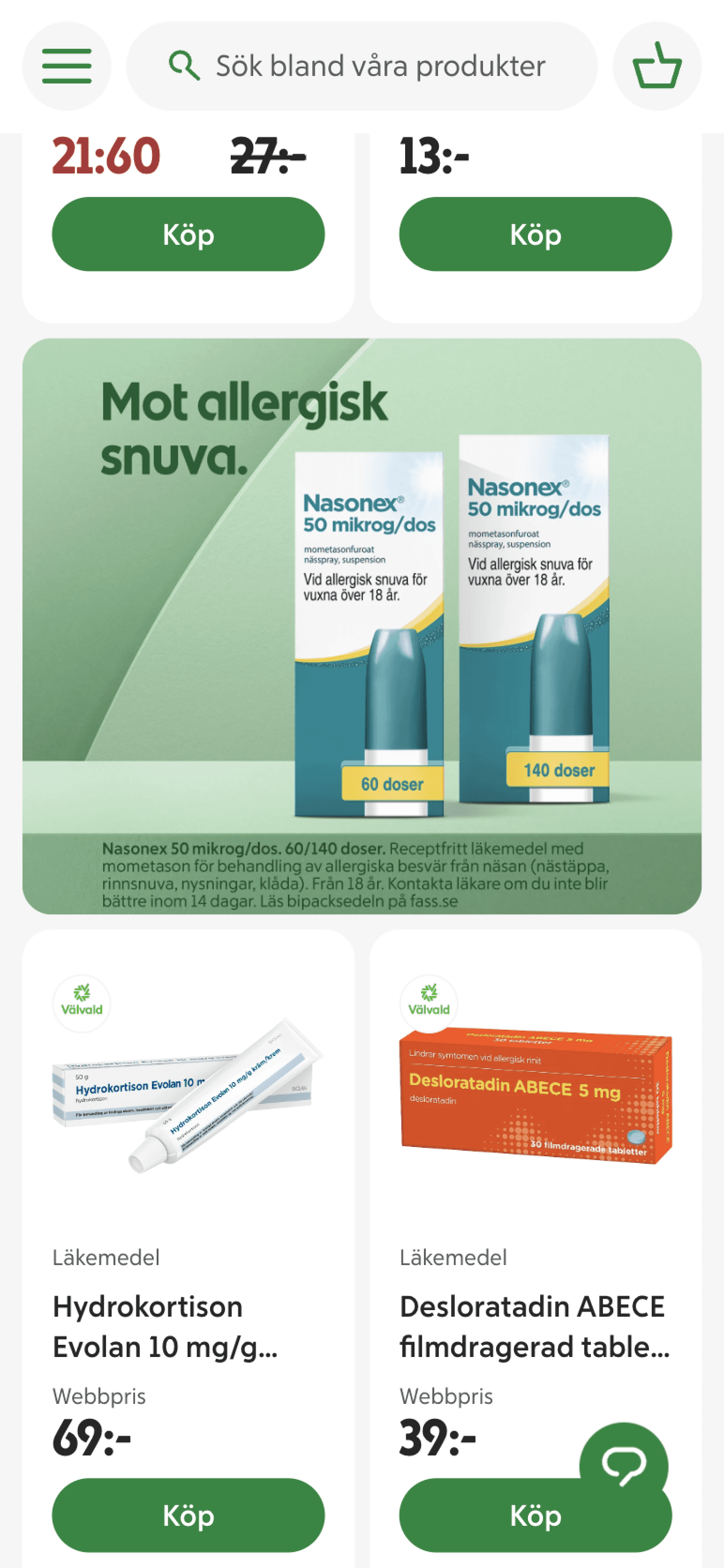 Pharmacy product listing mobile view