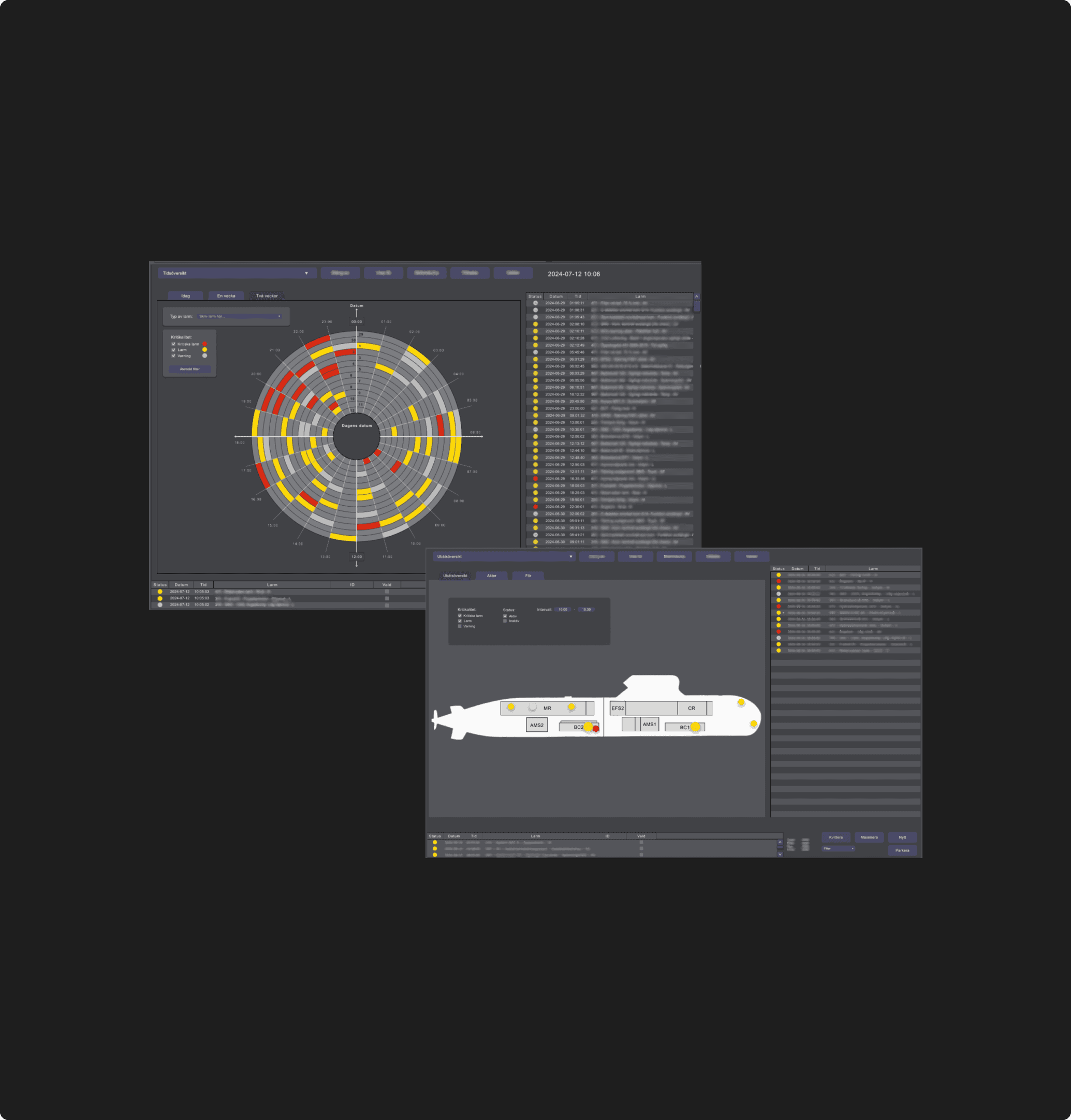 Technical dashboard interface showing submarine monitoring systems